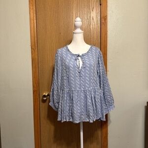 So Large Blue & White w/Geometric Print 3/4 Sleeve Tie-Front Peplum Blouse - EUC